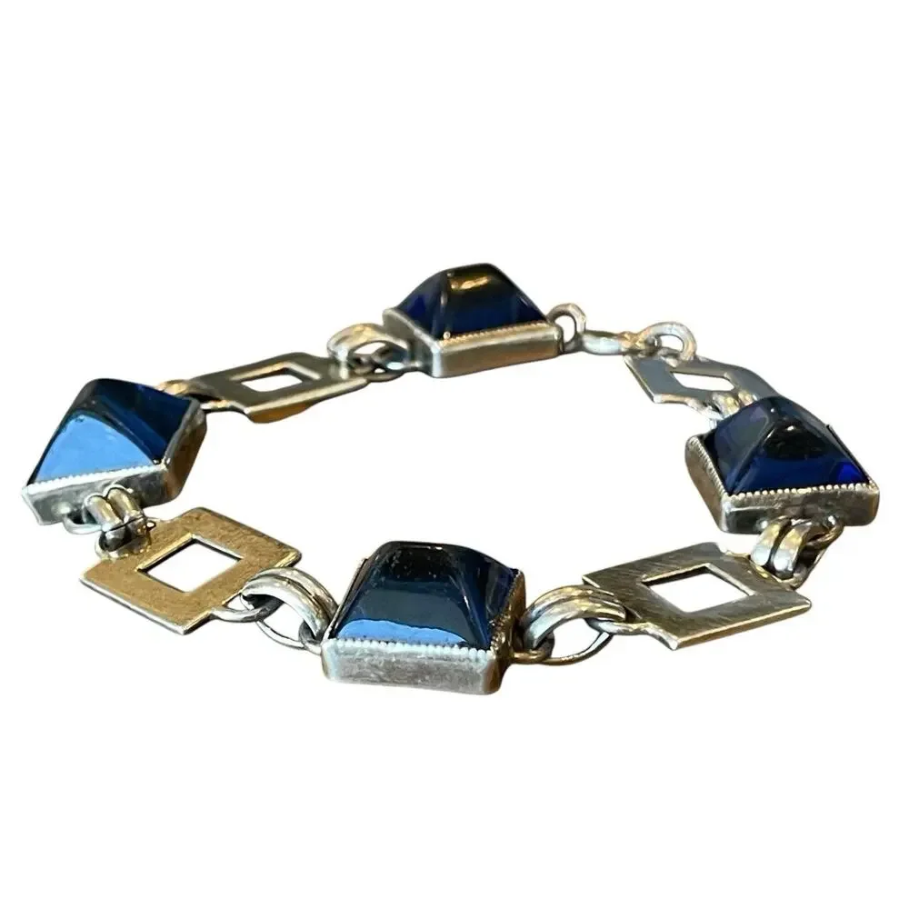 Vintage Art Deco Sterling Silver & Blue Glass Sugarloaf Cabochon Bracelet 8